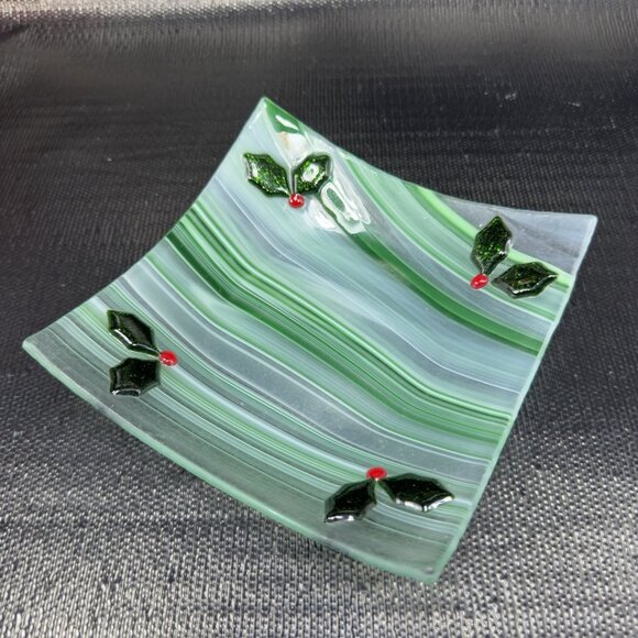 Vintage Fused Art Glass Square Dish Plate White Green Swirl Festive Holiday VTG - Picture 7 of 12